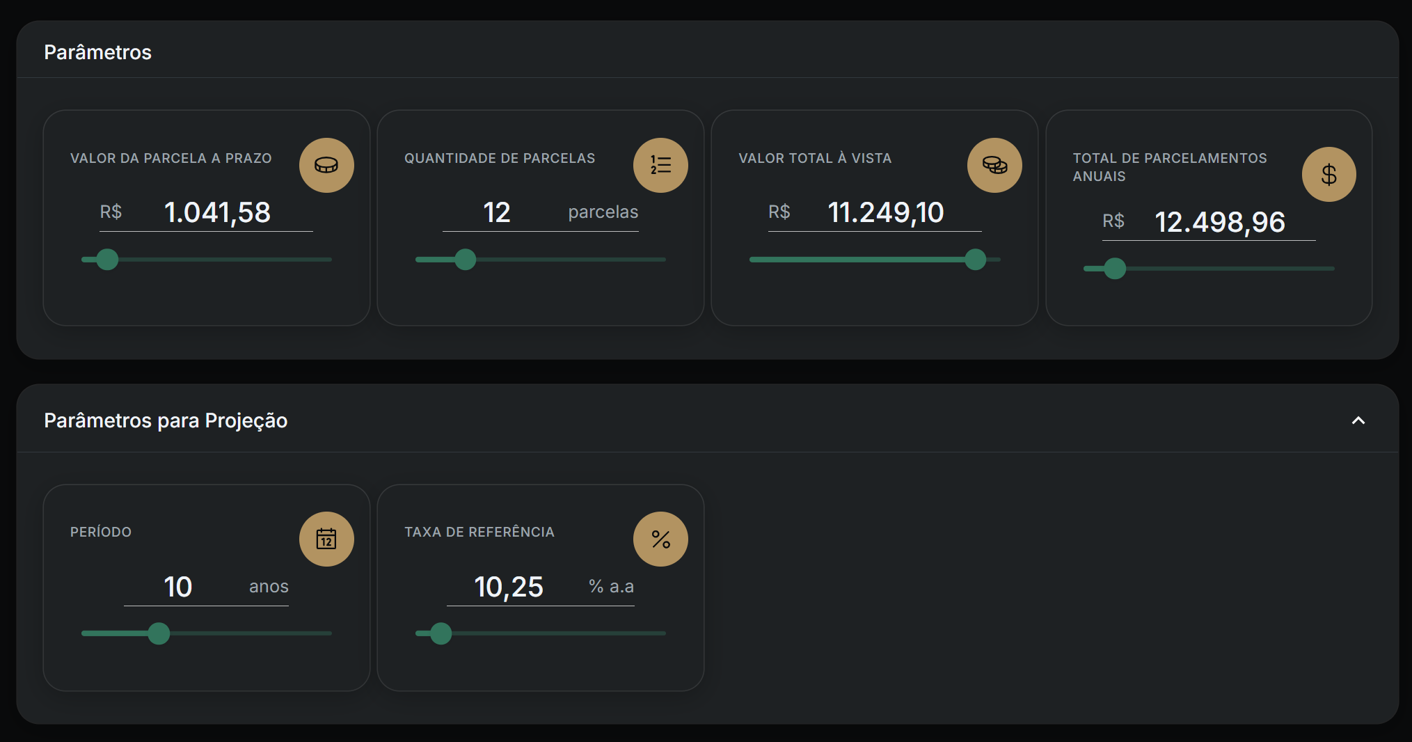 Parâmetros do simulador de pagamento de parcelas