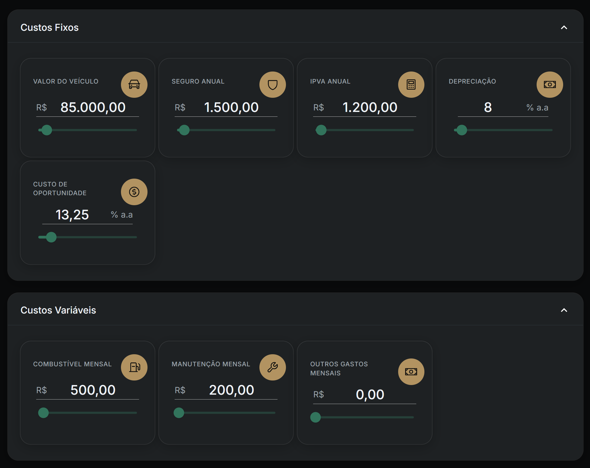 Custos fixos e variáveis para simulação de compra de veículo